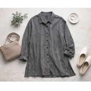 Eileen Fisher Womens Grey Viscose Linen Textured Button Down Shirt T6 Size M